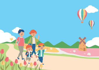 春の花畑にお出かけするファミリーのイラスト