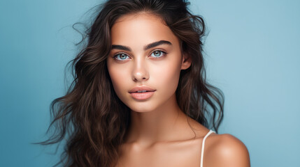 Naklejka premium Portrait of smiling latin american teenage girl with blue background.