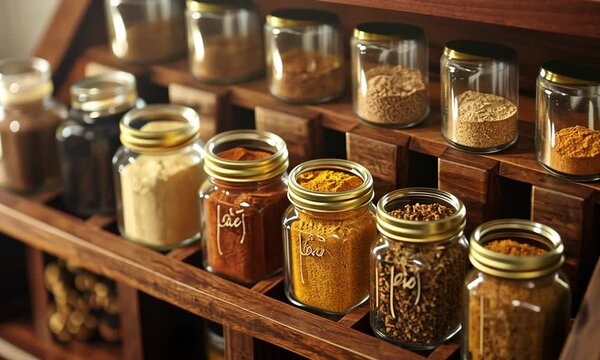 Wooden Spice Rack with Glass Jars Filled with Various Spices
