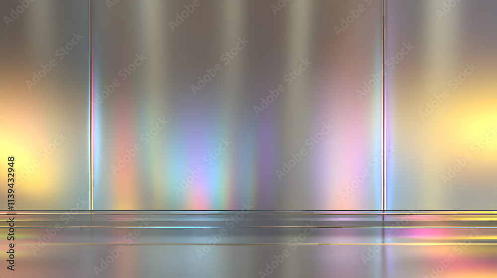 Wall mural a silver wall with a rainbow of colors and a reflection of a pole. scene is bright and colorful, wit