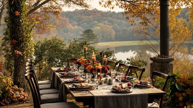 A beautifully set table with candles and fall foliage in front of a picturesque lake and forest landscape