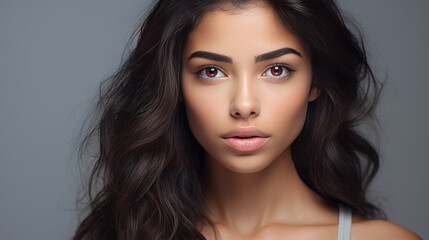 Fototapeta premium Portrait of smiling latin american teenage girl on gray background.