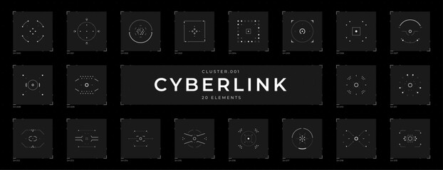 Cyberpunk elements set. Futuristic HUD elements set. Cyber style collection of targets and buttons. Cyberpunk vector shapes for virtual reality interface. Digital technology futuristic UI, UX.