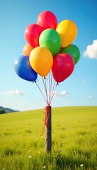 Colorful balloons tied to a fence post in a field, cheerful, field