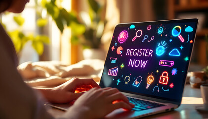 Digital Registration Process, Register Now Concept on Laptop Screen