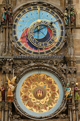Astronomical clock on Old Town city Hall in Prague, Czech Republic. Close up of medieval clock face showing time, date, astronomical information and zodiac signs