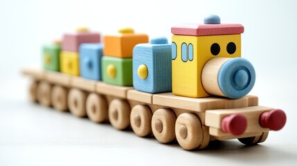 Naklejka premium Colorful wooden toy train with block cargo on white background.