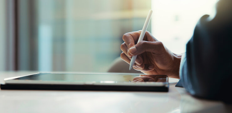 Business tablet, hands or signature at desk for contract agreement, registration or policy information. Professional, person and online application with compliance, terms and conditions or approval