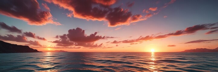 A peachy red and turquoise sunset over the ocean, sandy shore, beach view