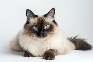 Fluffy Siamese cat isolated on white