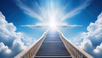 Stairway to heaven amid clouds, with radiant sunlight breaking through