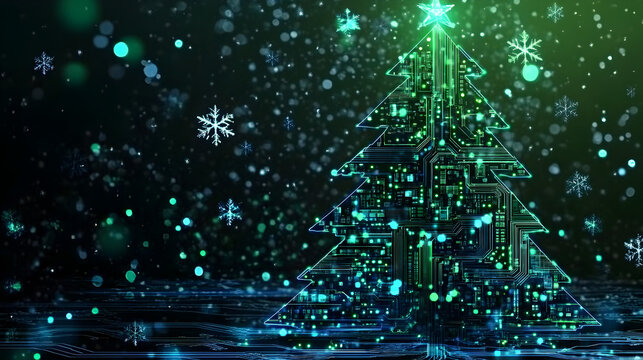 A Christmas tree made of electronic components. The tree is lit up and surrounded by snow. Concept of modernity and technology, while still maintaining the traditional Christmas theme
