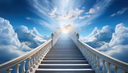 Stairway to heaven amid clouds, with radiant sunlight breaking through