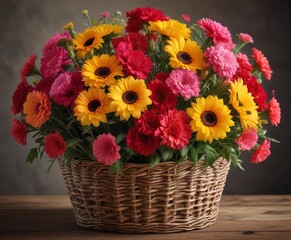 Woven basket filled with carnations and sunflowers , garden flowers, spring flowers