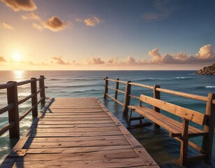 Fototapeta premium Wooden bridge with a rustic bench overlooking the vast expanse of the sea, , outdoor seating