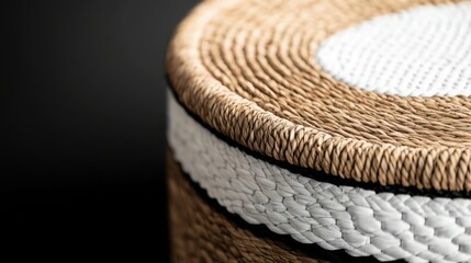 A close-up of a round basket with a lid, placed on a contrasting white and black background, highlighting the woven details.