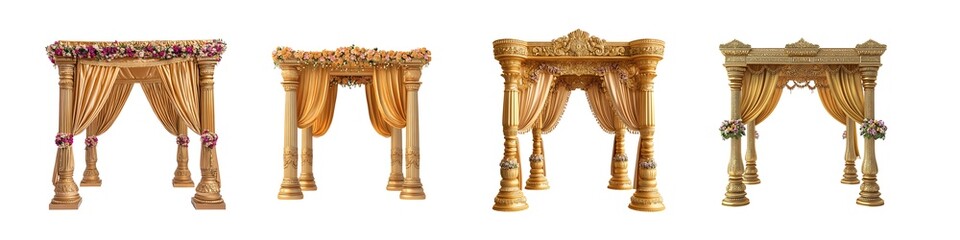 Indian Wedding Golden Mandap Set with Drapes, Transparent Background