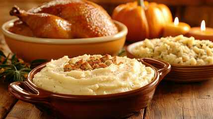 Traditional Thanksgiving Dinner Spread with Turkey, Mashed Potatoes, and Pumpkin