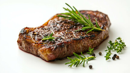 Perfectly Cooked Steak Garnished with Fresh Herbs and Spices on White Background