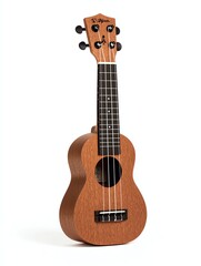 Fototapeta premium A wooden ukulele stands upright, showcasing its smooth finish, four strings, and distinct body shape, perfect for music lovers and musicians alike.
