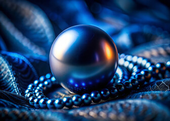 stunning navy pearl rests elegantly on textured blue fabric, surrounded by delicate beads, creating luxurious and captivating scene