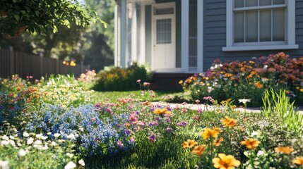 Vibrant Flower Garden Before Suburban House