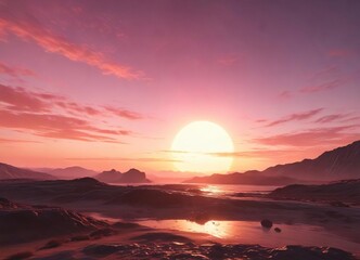 The massive sun slowly rises above the horizon as the sky transitions to hues of orange and pink , sea, natural