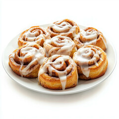 Freshly Baked Cinnamon Rolls with Creamy Icing on a White Plate
