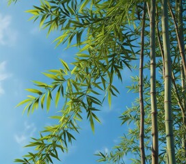 Obraz premium Stems and leaves of a bamboo plant against a blue sky , bamboo leaves, bamboo stems, growth