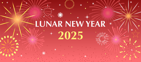 Lunar New Year 2025 fireworks banner with red and gold festive background vector design