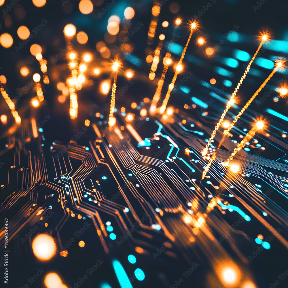 Wall mural a computer chip with a lot of lights on it. the lights are in different colors and are scattered all