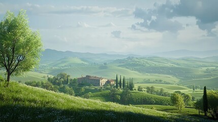 Obraz premium Amazing Spring Landscape with Green Rolling Hills