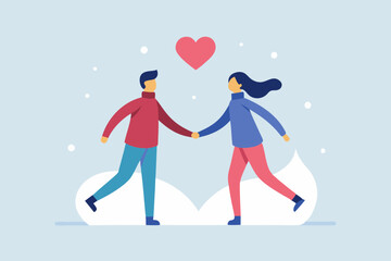 Obraz premium A flat design of a couple ice skating together with heart shaped lights in the background