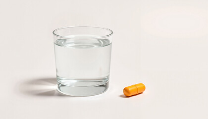 Glass of water and single orange pill on a neutral surface