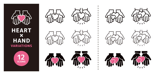 ハートを持つ手のアイコンセット＿両手のひらでハートを渡すイラスト＿下向き