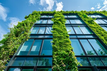 Modern office building with solar glass windows and a faÃ§ade covered in climbing ivy, creating a striking green and glass contrast