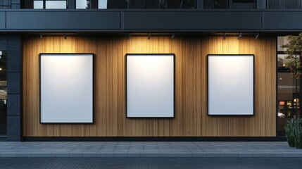 Three Blank Store Signs on Wooden Facade at Night
