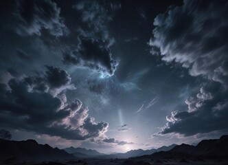 Moody night sky with deep blues and grays on a textured background, atmospheric effects, dramatic lighting, cinematic feel