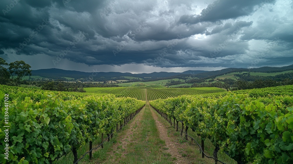 Poster A vineyard with a long row of vines and a cloudy sky in the background