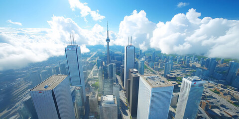 Obraz premium Aerial view of a city skyline with clouds.