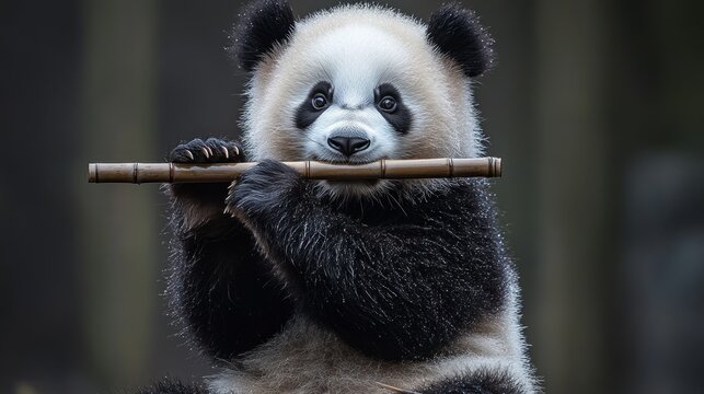 A panda cub playfully holding a bamboo flute, showcasing its adorable and curious nature.