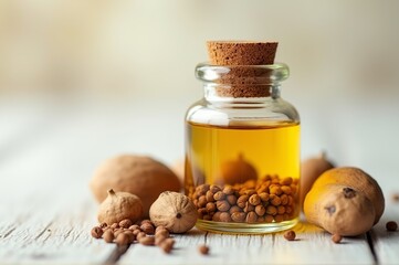 A glass jar filled with golden oil sits on a rustic wooden table, surrounded by aromatic spices including whole nutmeg and coriander seeds, creating a warm and inviting atmosphere