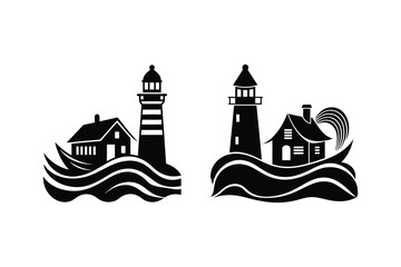 "Black and White Lighthouse and House Vector Illustration"

