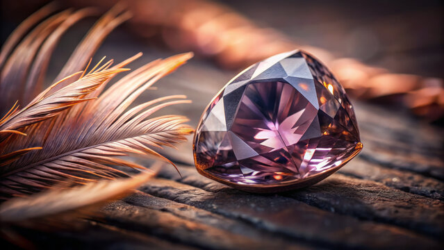 close up shot of muted spinel stone, showcasing its intricate facets and rich color, alongside delicate feather, creating harmonious blend of nature and elegance
