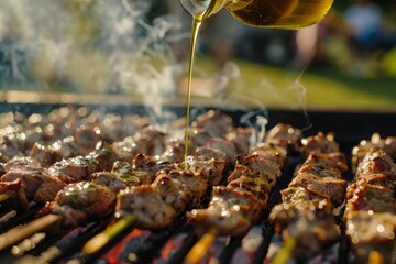 Grilling Skewers with Oil Drizzle