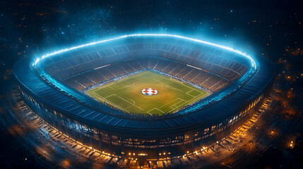 A large football stadium illuminated by bright lights.