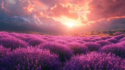 Lavender Field Sunset: Majestic Mountain Panorama