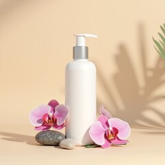 A tall, sleek white bottle stands gracefully on a light beige backdrop, adorned with delicate pink orchids and smooth pebbles, creating a serene and inviting atmosphere