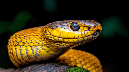Fototapeta premium Majestic yellow snake with intricate scales resting on mossy rock, showcasing its vibrant colors and unique patterns in natural setting