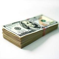 A neat stack of one hundred dollar bills sits prominently against a plain background, emphasizing the beauty and appeal of currency with an air of elegance and prosperity